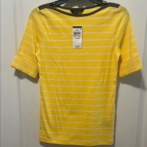 NWT Lauren Ralph Lauren Sunny Yellow Striped Short Sleeve Tee. Size Medium.